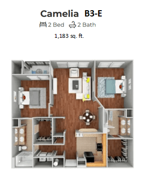 A Camelia B3-E studio apartment with 2 beds and 2 baths is 1,183 square feet.